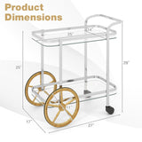 Tangkula Bar Cart for The Home, 2-Tier Rolling Tempered Glass Serving Cart, 2 Large Gold Aluminum Wheels & 2 Casters