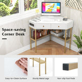 Tangkula Corner Desk with 2 Drawers & Built-in Charging Station, 90 Degrees Triangle Corner Computer Desk