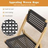 Tangkula Set of 2 Patio Folding Chairs, Solid Teak Wood Dining Chairs with Woven Rope Seat & Back