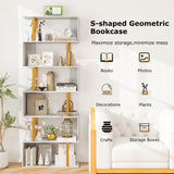 Tangkula 6-Tier Geometric Bookcase, 74.5-Inch S-Shaped Bookshelf with Metal Frame
