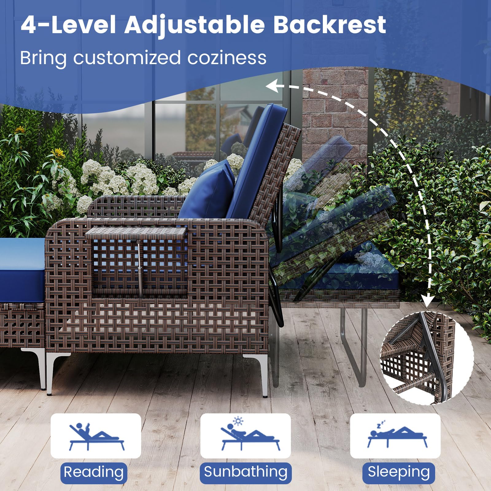 Tangkula Patio Rattan Daybed with 4-Level Adjustable Backrest