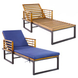 Tangkula Patio Chaise Lounge Chair with Cushion, Adjustable Reclining Pool Lounger with Acacia Wood and Metal Frame
