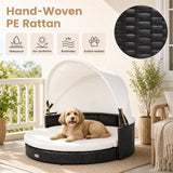 Tangkula Wicker Dog House with Retractable Canopy | Removable Cushion