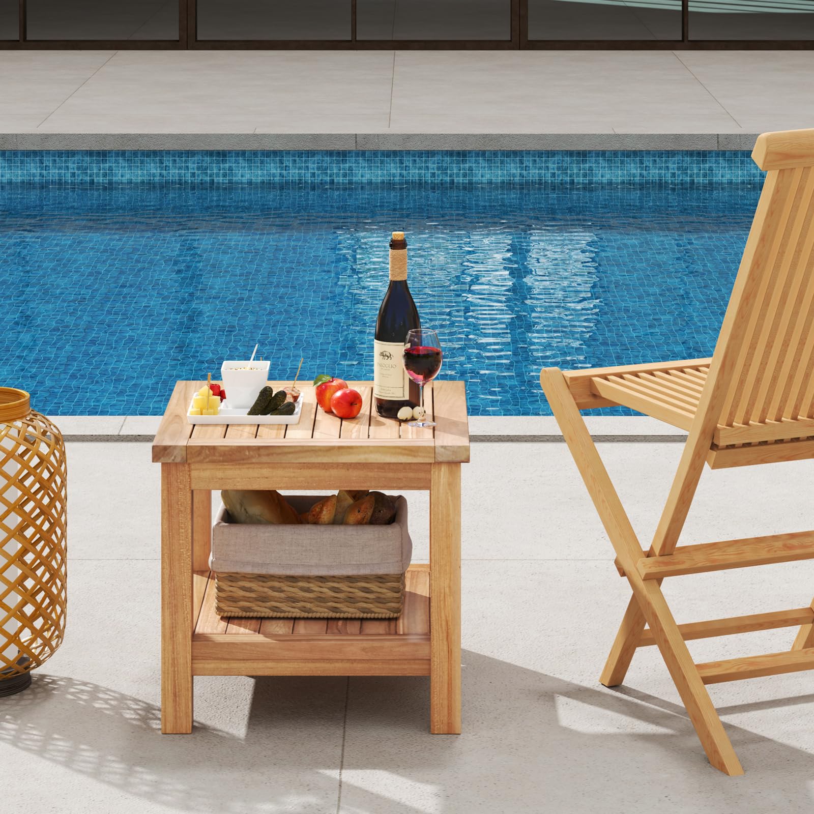 Tangkula Teak Wood Side Table with Storage