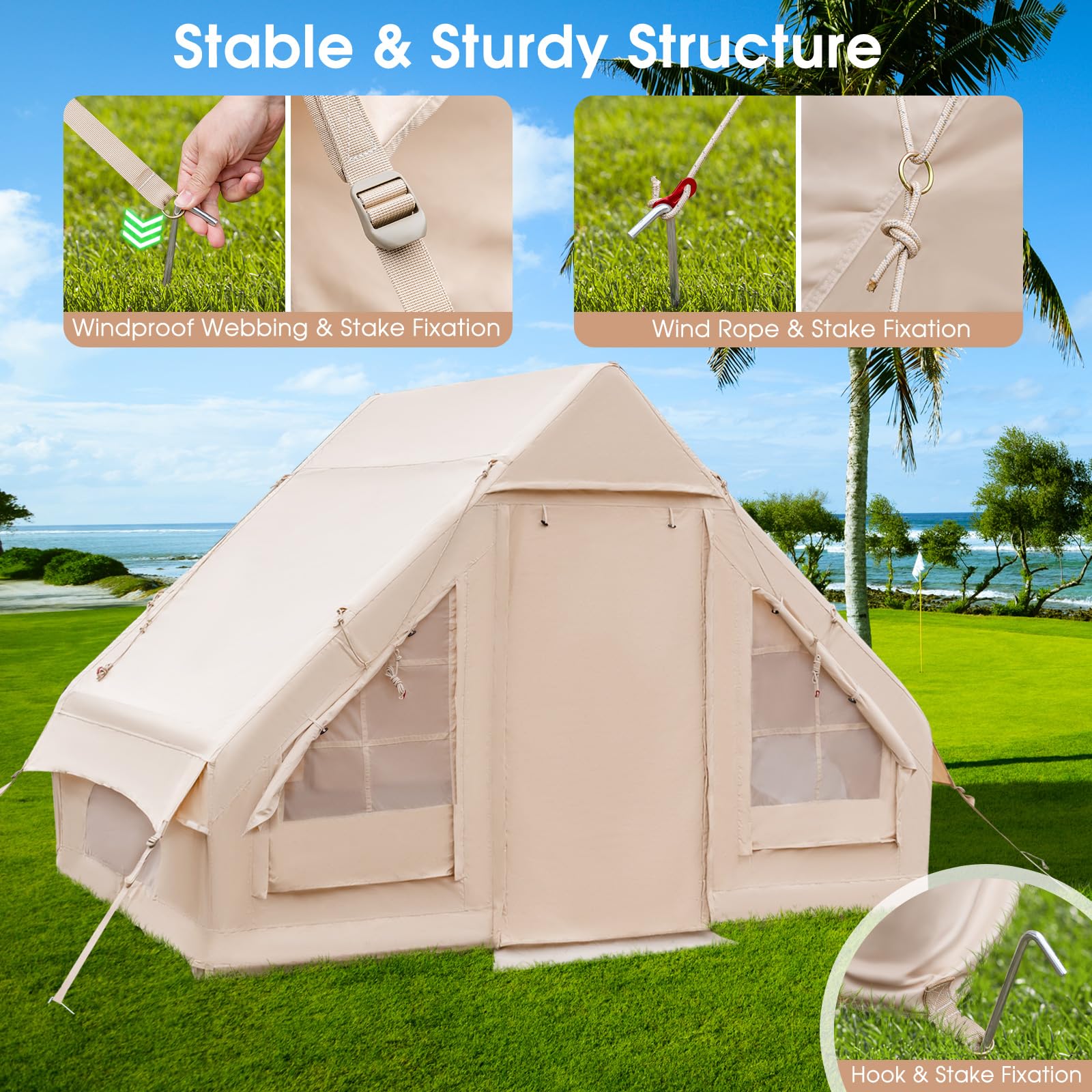 blow up house tent Tangkula Inflatable Camping Tent with Pump, 4-6 People Outdoor Blow Up Cabin Tent with 7 Mesh Windows