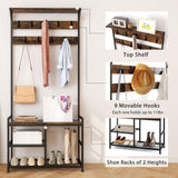 Tangkula Coat Rack Shoe Bench, 3-in-1 Industrial Hall Tree w/Storage Bench & 9 Hanging Hooks, 3-Tier Wood Look Entryway Bench w/Metal Frame