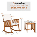 Tangkula 3 Pieces Acacia Wood Rocking Bistro Set, Rocker Chairs Conversation Set with Coffee Table and Cushions for Lawn, Balcony, Backyard