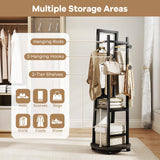 Tangkula Full Length Mirror with Coat Rack Swivel 55" Standing Floor Mirror on Wheels with Shelves