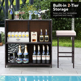 Tangkula 3 Pcs Patio Bar Set, Outdoor Rattan Bar Table and 2 Stools with Tempered Glass Tabletop, 2-Tier Storage