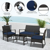 Tangkula 4 Pieces Outdoor Conversation Set, Patio PE Wicker Sofa with Tempered Glass Coffee Table
