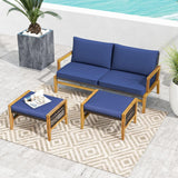 Tangkula Set of 2 Outdoor Ottomans, Patio Acacia Wood Ottomans with Cushions (Navy)