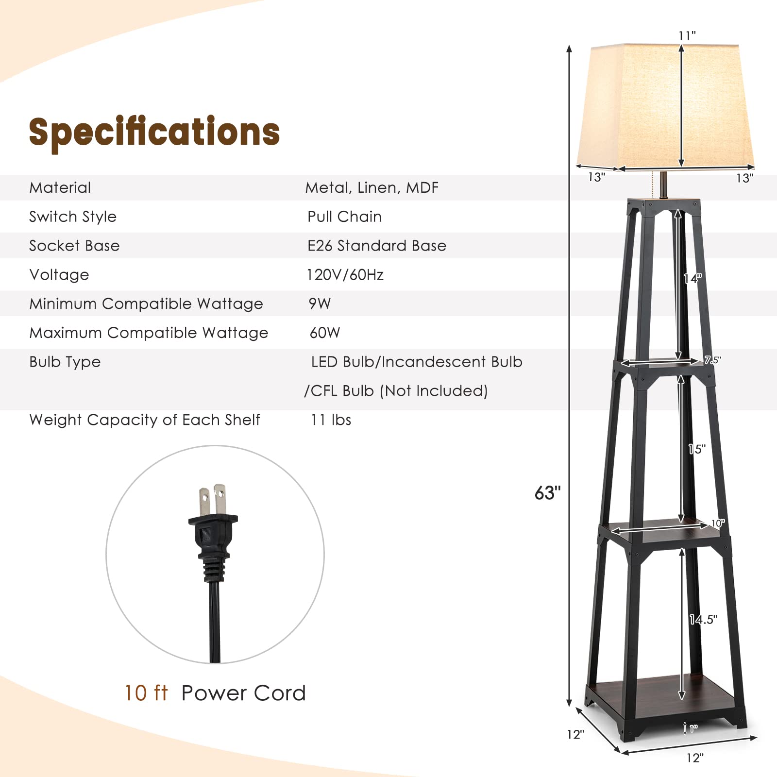 3 Tier Display Floor Lamp with Storage Shelves - Tangkula