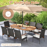 Tangkula 9 Pieces Patio Rattan Dining Set, Outdoor Oval Acacia Wood Dining Table and Wicker Armchairs Set with Umbrella Hole