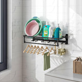 Tangkula Foldable Bathroom Shelf, Wall Mounted Bathroom Shelf Rack w/Adjustable Bar & Movable Hooks