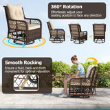 Wicker glider chair with 360-degree rotation and smooth rocking features, shown outdoors.