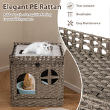 Tangkula Foldable Rattan Cat Litter Box Enclosure 2 Tier Wicker Cat Condo with Flip-Down Door & Window