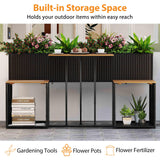 Tangkula PE Rattan Garden Planter Table with Built-in Chairs and Storage Space