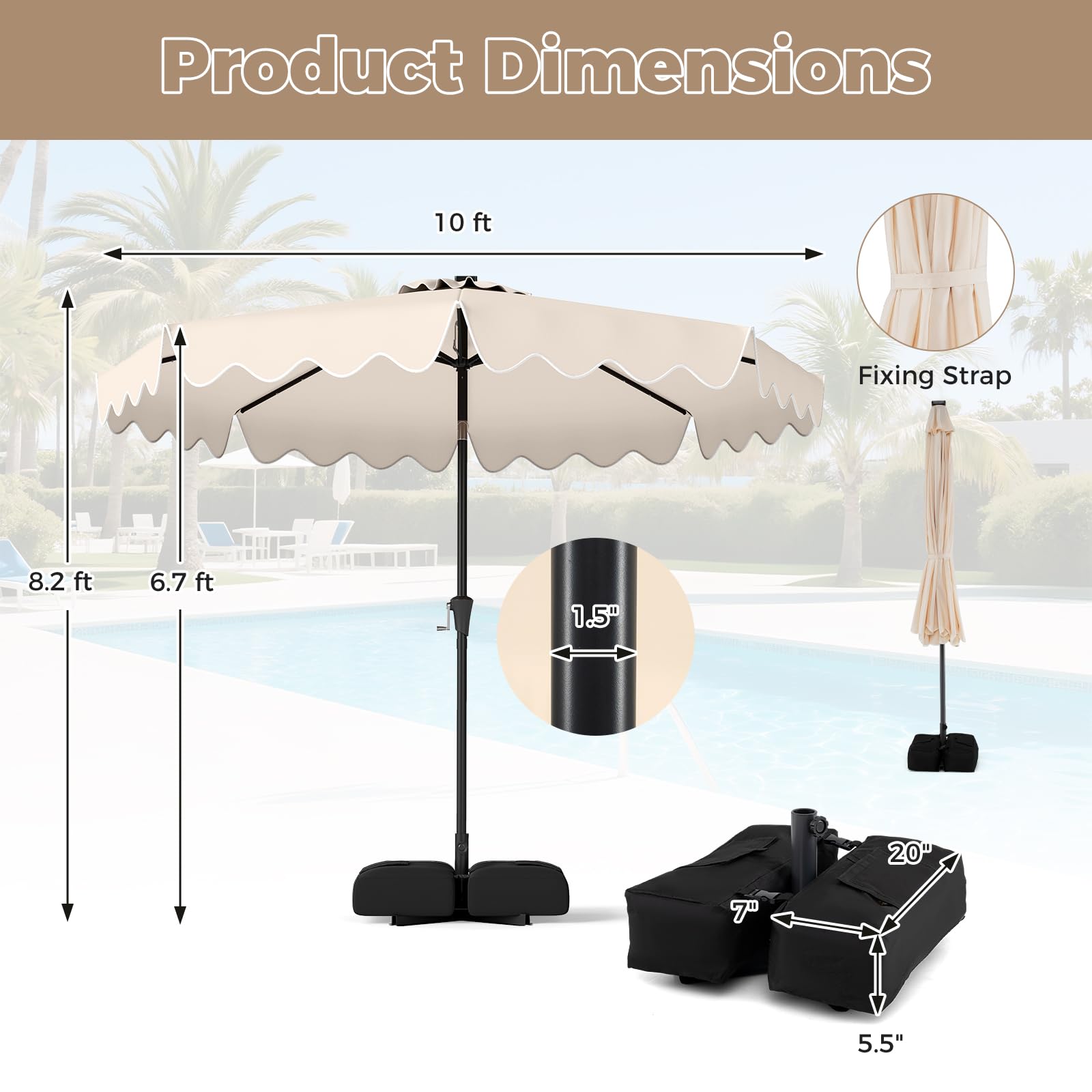 Tangkula 10 FT Outdoor Patio Umbrella with Solar LED Lights and Weighted Base-Beige