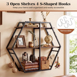 Tangkula Hexagon Wall Shelf with 4 S-Shaped Hooks & Heavy Duty Metal Frame