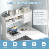 Tangkula L-Shaped Desk with Storage Hutch, Corner Computer Desk with Shelves & Cabinet, White