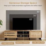 Mid Century Modern TV Stand for 80 Inch TVs with Sliding Door Cabinets and Storage Shelves