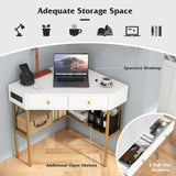 Tangkula Corner Desk with 2 Drawers & Built-in Charging Station, 90 Degrees Triangle Corner Computer Desk