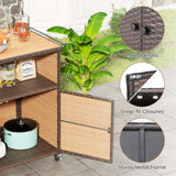 Tangkula Rattan Outdoor Storage Cabinet with Acacia Wood Countertop Open Compartment Storage Shelf