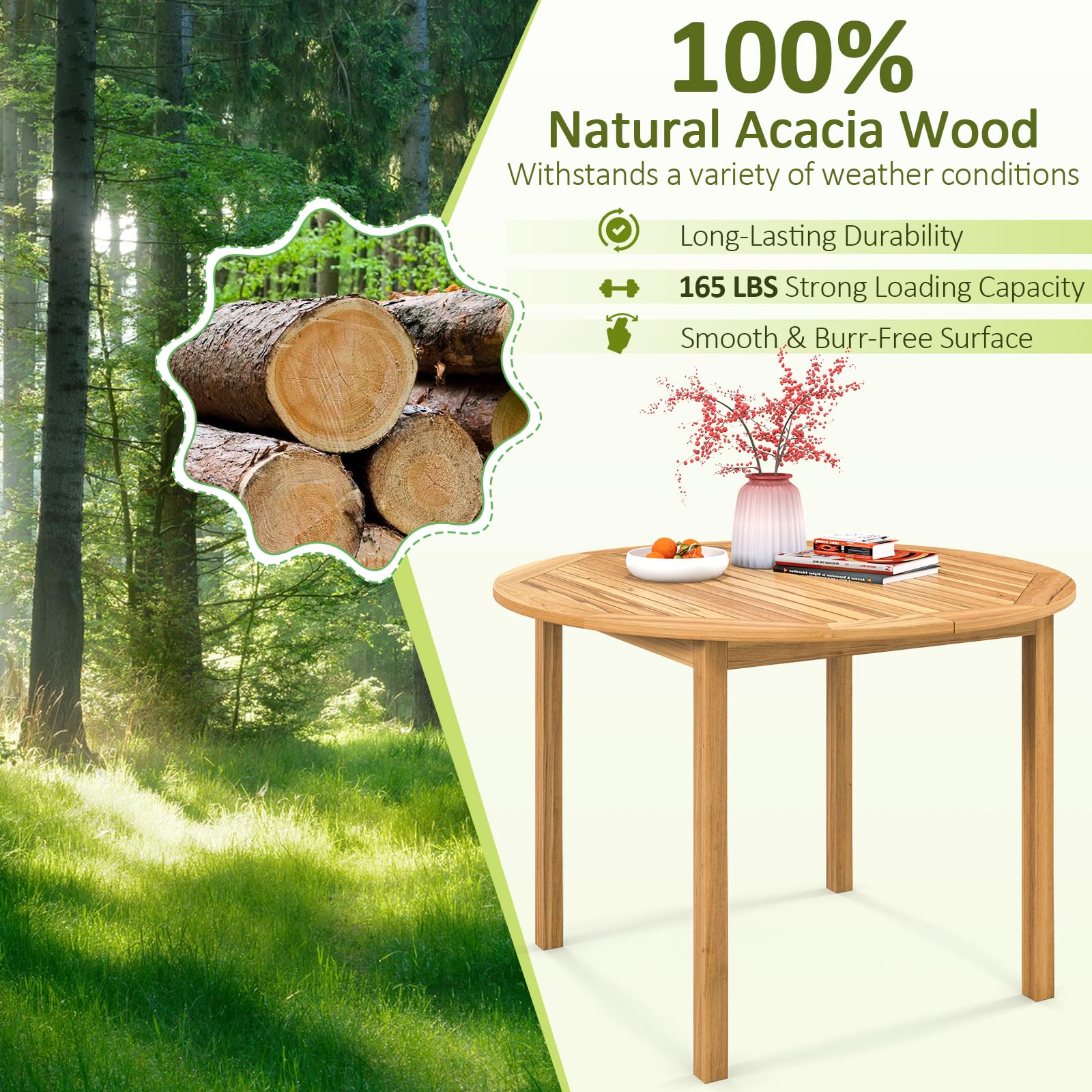 Round Outdoor Dining Table, Acacia Wood Dining Table - Tangkula