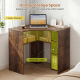 Tangkula 90-Degree Triangle Corner Desk with Charging Station & Open Storage Shelves
