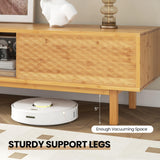 Tangkula Bamboo TV Stand for 65” 70” TVs, 63” Mid Century Modern TV Console Table with Sliding Doors & 3 Storage Compartments