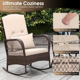Tangkula 3 Piece Patio Rocker Set, Patiojoy Outdoor Wicker Rocking Chairs w/Double-Layer Coffee Table