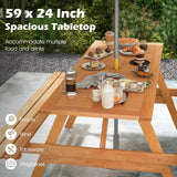 Tangkula Picnic Table with 2 Benches, Outdoor Hardwood Picnic Table Bench Set with 2-Inch Umbrella Hole, Slatted Tabletop & Seat