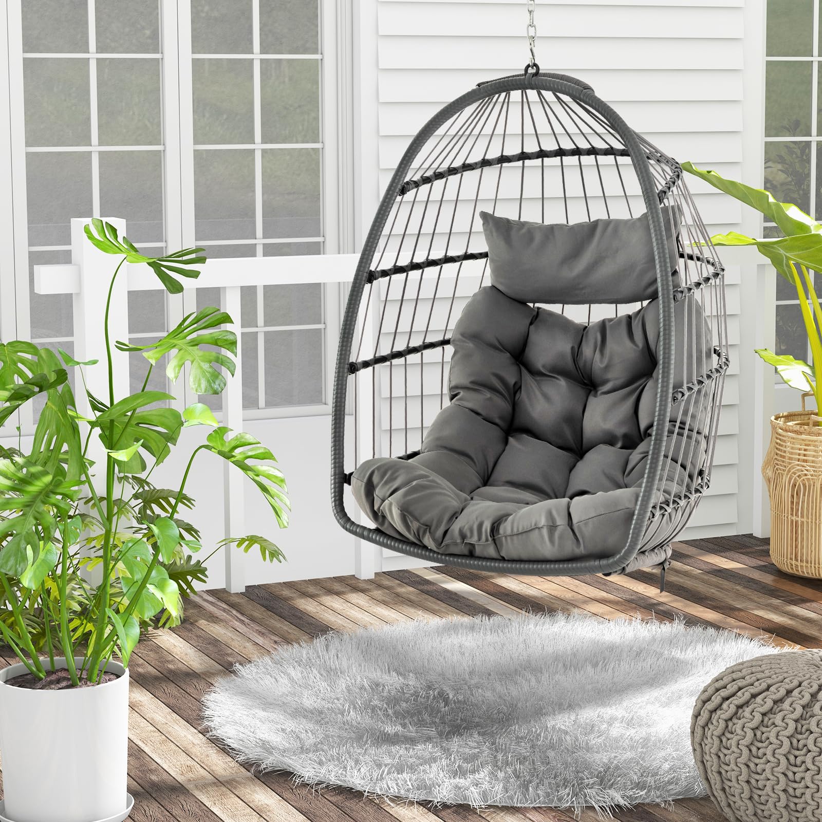 Tangkula Hanging Egg Chair, Foldable Wicker Hammock Chair with Removable Seat Cushion (Without Stand) (Gray)