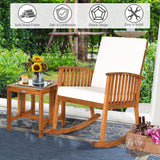 Tangkula 3 Pieces Acacia Wood Rocking Bistro Set, Rocker Chairs Conversation Set with Coffee Table and Cushions for Lawn, Balcony, Backyard