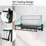 Tangkula Foldable Bathroom Shelf, Wall Mounted Bathroom Shelf Rack w/Adjustable Bar & Movable Hooks