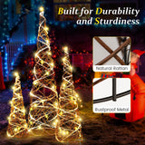 Tangkula Set of 3 Lighted Christmas Rattan Cone Trees, Holiday Decorative Trees with LED Lights and Metal Frame