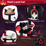 Tangkula Gothic Cat Tree, 53 Inch Black Cat Tower with Coffin Cat Bed, Spider Pompom & Spring Balls