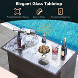 Tangkula 3 Pcs Patio Bar Set, Outdoor Rattan Bar Table and 2 Stools with Tempered Glass Tabletop, 2-Tier Storage