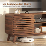 Tangkula Walnut Mid Century Modern TV Stand for 65” TVs with Grille-Style Sliding Doors