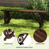 Tangkula Patio Rustic Wood Bench, Carbonized Wood Long Bench with Wagon Wheel Base, Slatted Seat Design