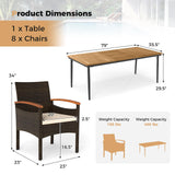 Tangkula 9 Pieces Outdoor Rectangle Acacia Wood Table and Cushioned Chairs Set with 1.9” Umbrella Hole