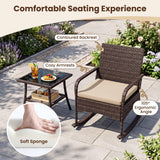 Tangkula 3-Piece Outdoor Wicker Rocking Bistro Set w/ 2-Tier Coffee Table