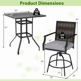 Tangkula 3 Pieces Outdoor Swivel Bar Set with Cushions and Sturdy Metal Frame