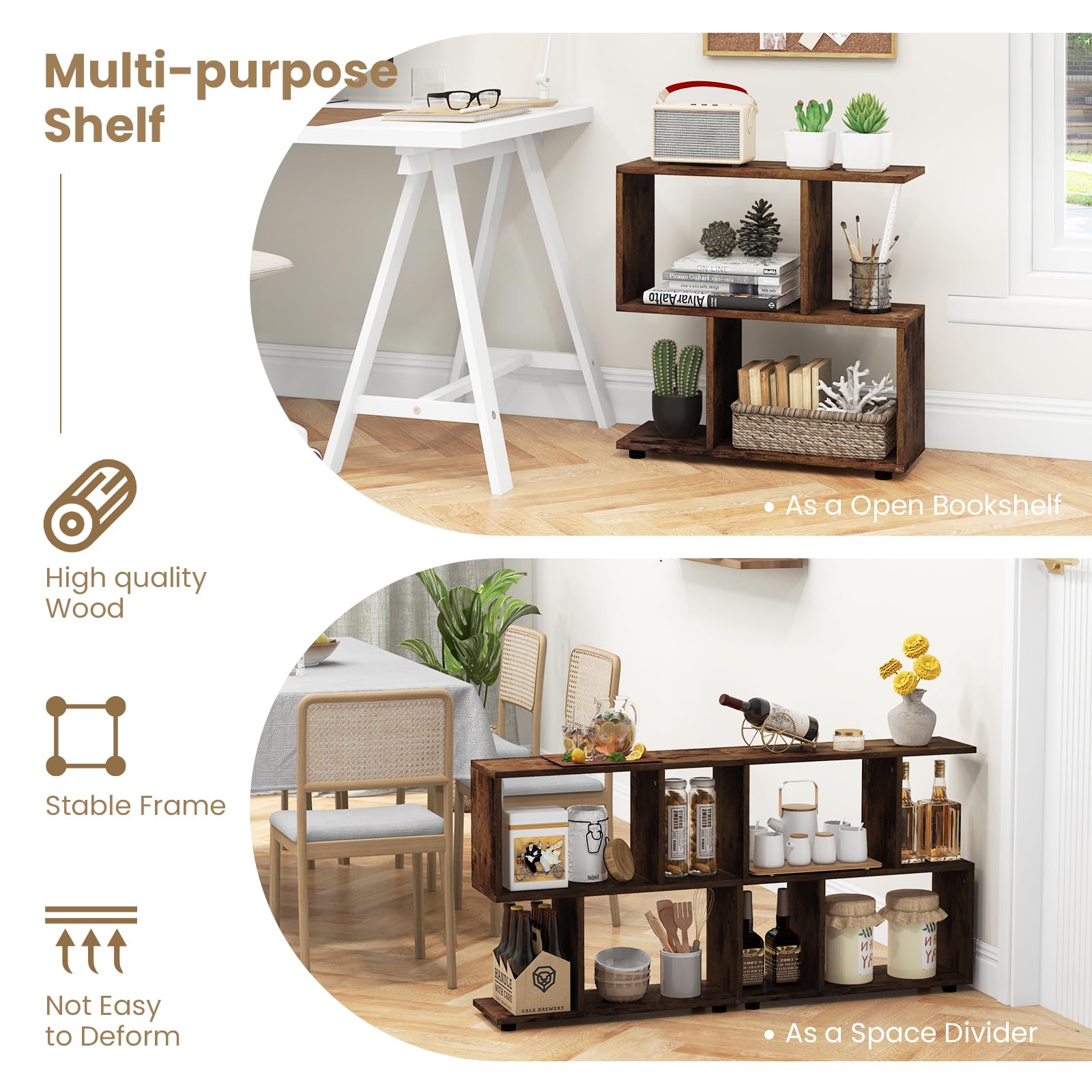 2 Tier Geometric Bookshelf, Freestanding Wood Display Shelf - Tangkula
