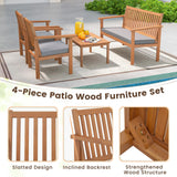 Tangkula 4 Piece Patio Wood Furniture Set, Acacia Wood Sofa Set w/Loveseat, 2 Chairs & Coffee Table