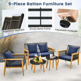 Tangkula 5 Piece Outdoor Conversation Set, Patiojoy Rattan Chair Set with 2 Coffee Tables, Stable Acacia Wood Frame