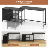 Tangkula L-Shaped Computer Desk with Power Outlet, Convertible Corner Desk with Drawers & Shelves