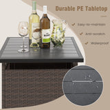 Tangkula Outdoor Wicker Table, Rattan Coffee Table with Umbrella Insert Hole, HDPE Tabletop & Sturdy Metal Frame