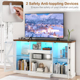 Tangkula Farmhouse TV Stand for TV up to 65 Inch, 58”L Tall Media Entertainment Center with 20 Color Led Lights