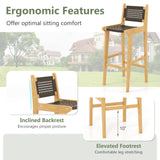 Tangkula 3 Piece Patio Bar Set, Teak Wood Bistro Furniture with Footrest, Round Cocktail Table with 2 Armless Rattan Bar Stools